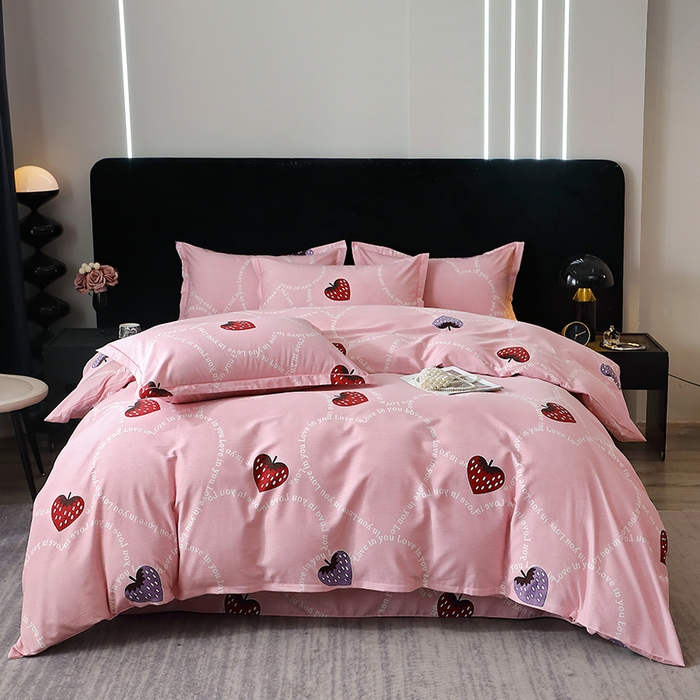 91家纺网 家纺一手货源 找家纺 晶缦家纺 2025叶语系·纯棉活性全棉磨毛四件套 炫动草莓粉