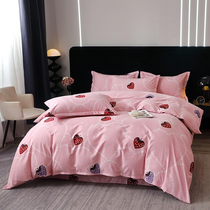 91家纺网 家纺一手货源 找家纺 晶缦家纺 2025叶语系·纯棉活性全棉磨毛四件套 炫动草莓粉