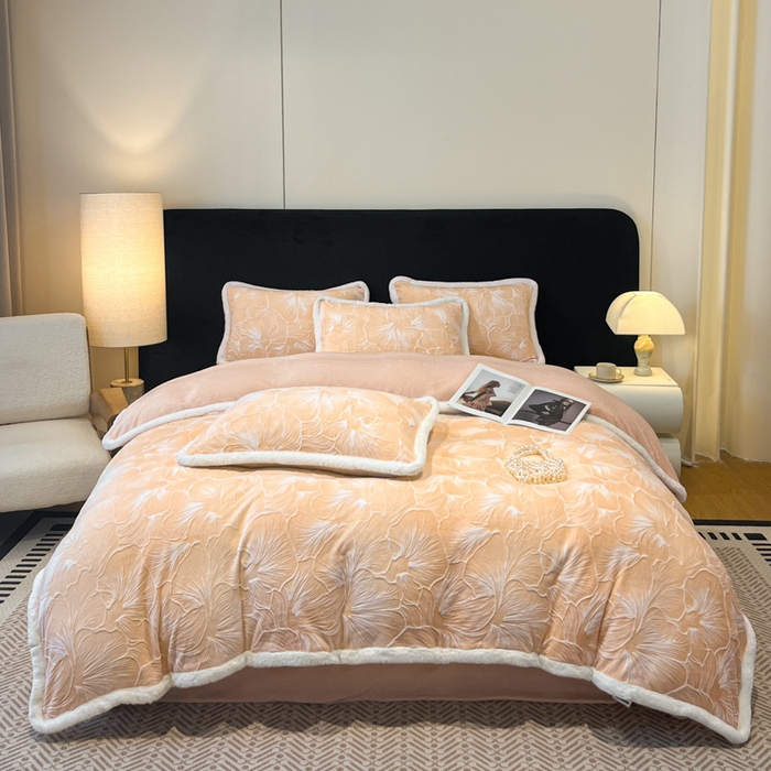 诺梵家纺 2025新款兔毛绒包边 雕花绒四件套 杏坞-黄