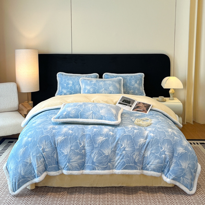 诺梵家纺 2025新款兔毛绒包边 雕花绒四件套 杏坞-蓝