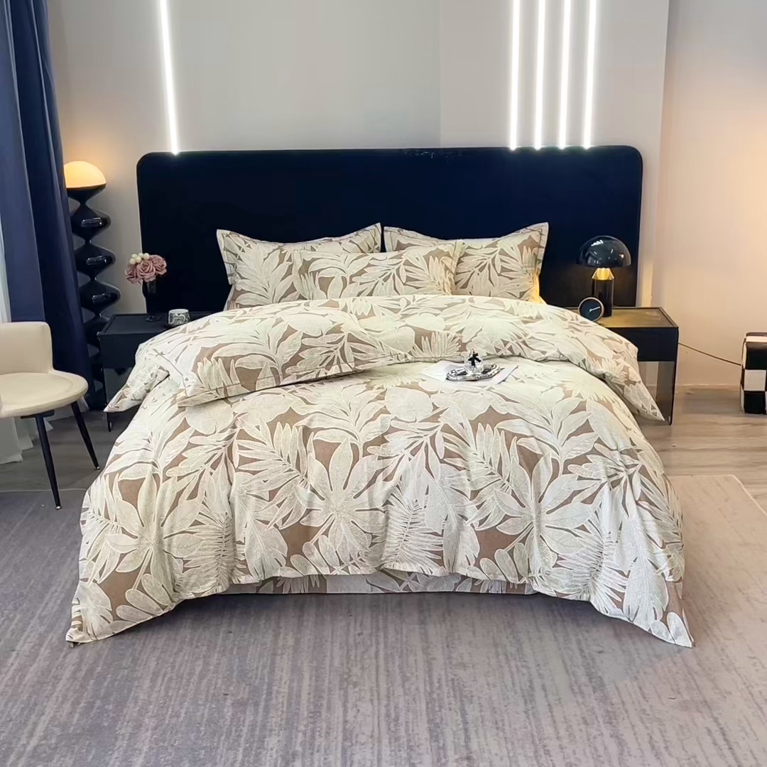 91家纺网 家纺一手货源 找家纺 晶缦家纺 2025叶语系·纯棉活性全棉磨毛四件套 叶之恋咖