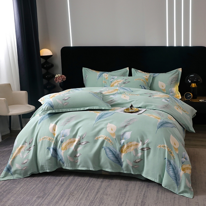 91家纺网 家纺一手货源 找家纺 晶缦家纺 2025叶语系·纯棉活性全棉磨毛四件套 云瑶蓝