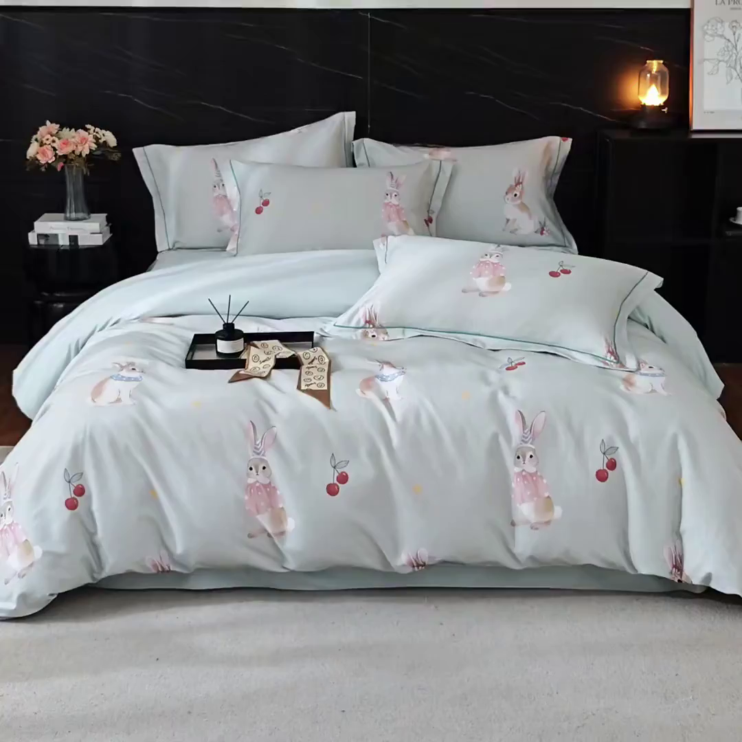 91家纺网 家纺一手货源 找家纺 品乐家纺 2025新款32支超柔生态磨毛四件套 小萌兔-绿