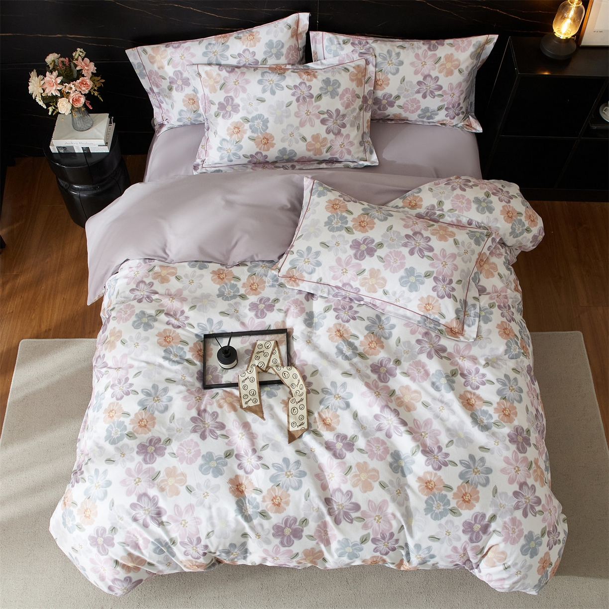 91家纺网 家纺一手货源 找家纺 品乐家纺 2025新款32支超柔生态磨毛四件套 忆甜-米紫