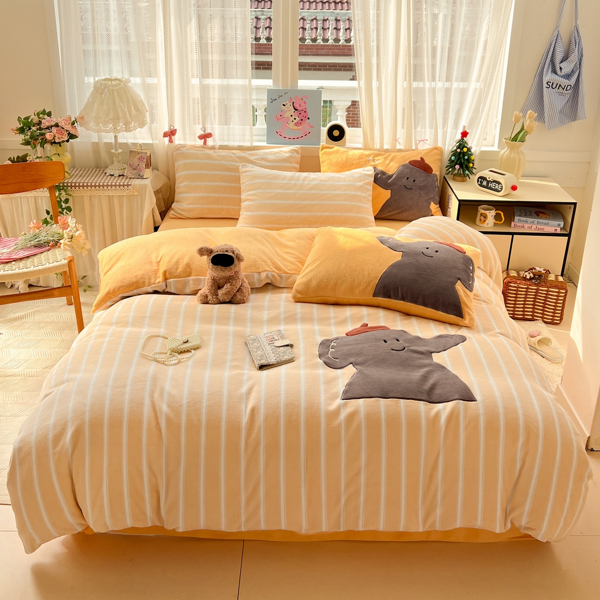 品乐家纺 2025秋冬新款高克重牛奶绒贴布绣四件套 条纹小象-黄