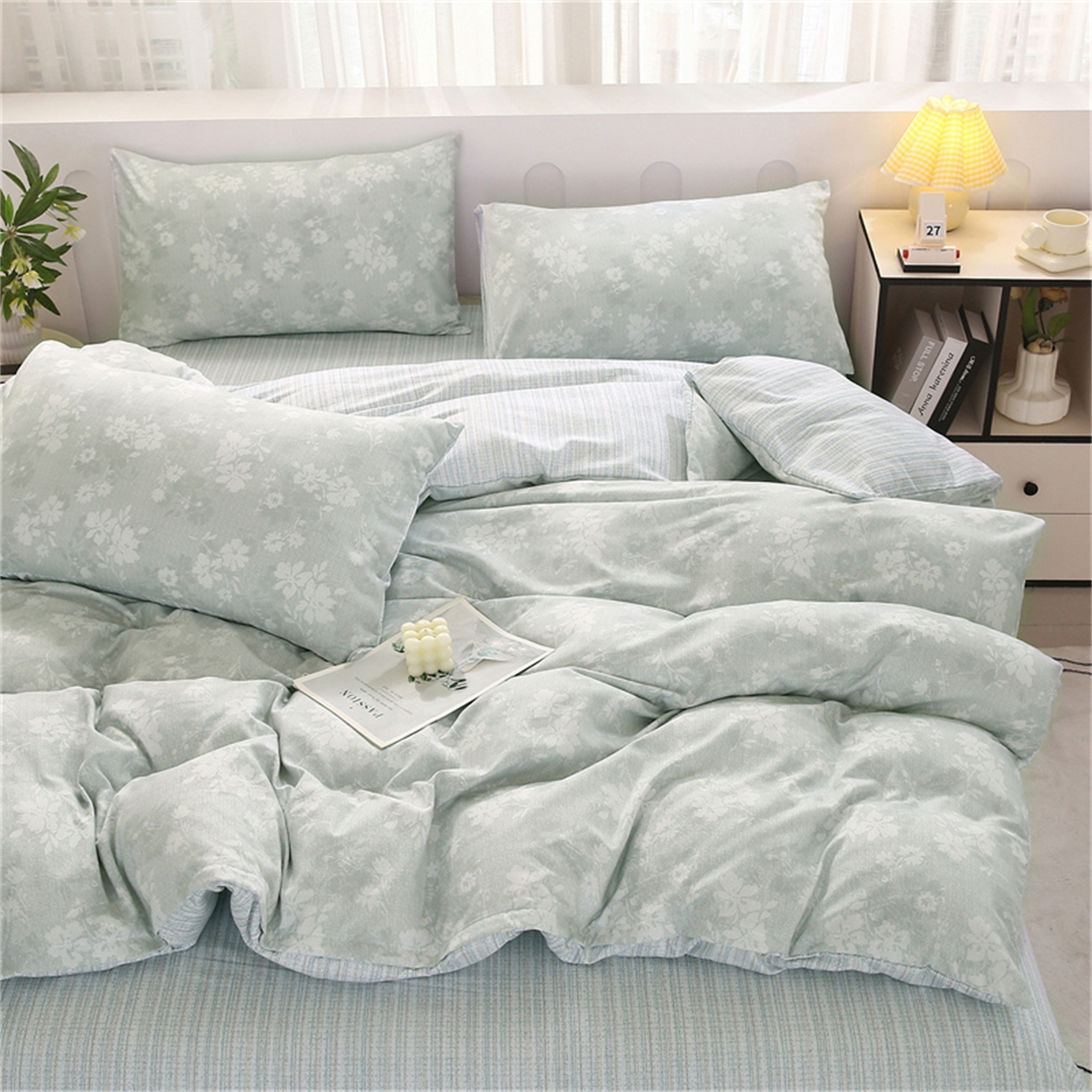 91家纺网 家纺一手货源 找家纺 织写 2025新款加厚磨毛澳绒棉四件套 美式田园-蓝灰