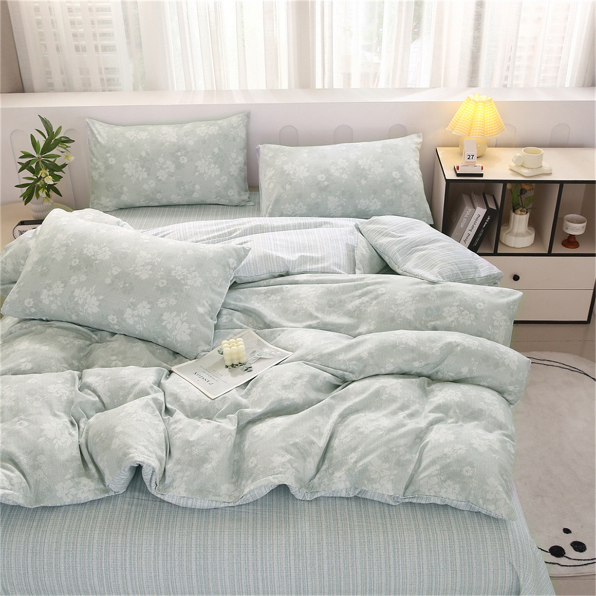 91家纺网 家纺一手货源 找家纺 织写 2025新款加厚磨毛澳绒棉四件套 美式田园-蓝灰