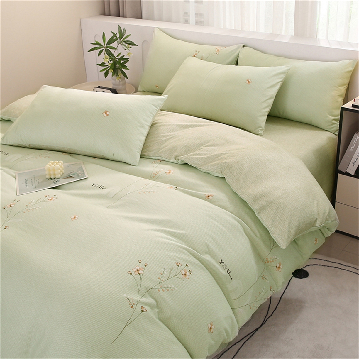 91家纺网 家纺一手货源 找家纺 织写 2025新款加厚磨毛澳绒棉四件套 贝莉浅绿