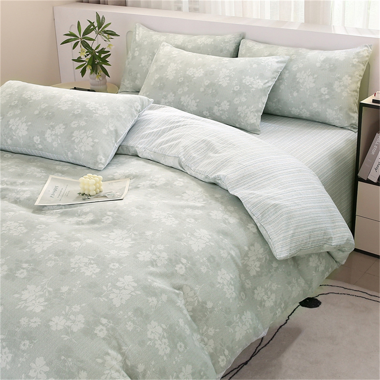 91家纺网 家纺一手货源 找家纺 织写 2025新款加厚磨毛澳绒棉四件套 美式田园-蓝灰