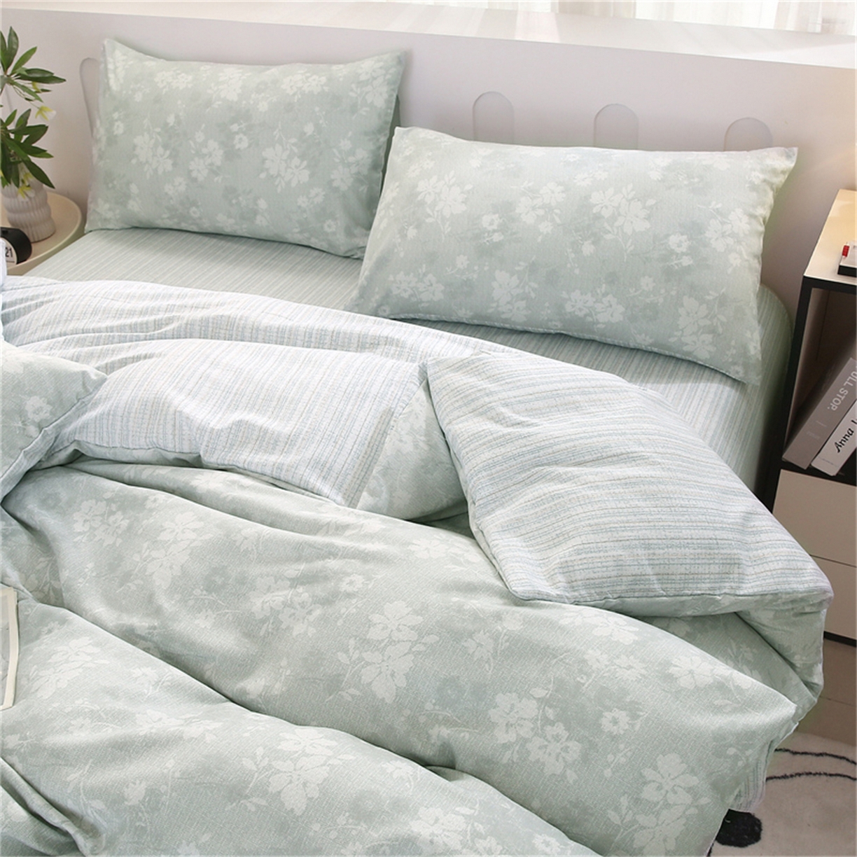 91家纺网 家纺一手货源 找家纺 织写 2025新款加厚磨毛澳绒棉四件套 美式田园-蓝灰