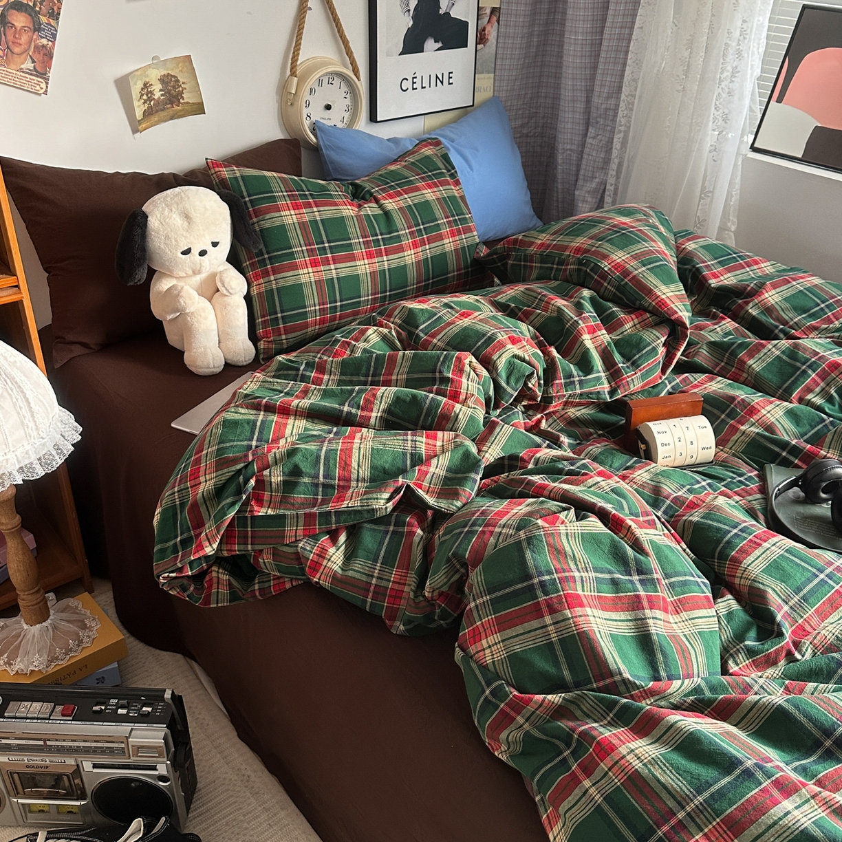 91家纺网 家纺一手货源 找家纺 对白 2025新款32s全棉色织水洗棉四件套-苏格兰海岛-咖 苏格兰海岛-咖-枕套格子+鸢尾蓝