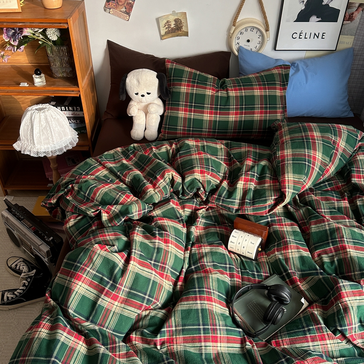 91家纺网 家纺一手货源 找家纺 对白 2025新款32s全棉色织水洗棉四件套-苏格兰海岛-咖 苏格兰海岛-咖-枕套格子+咖