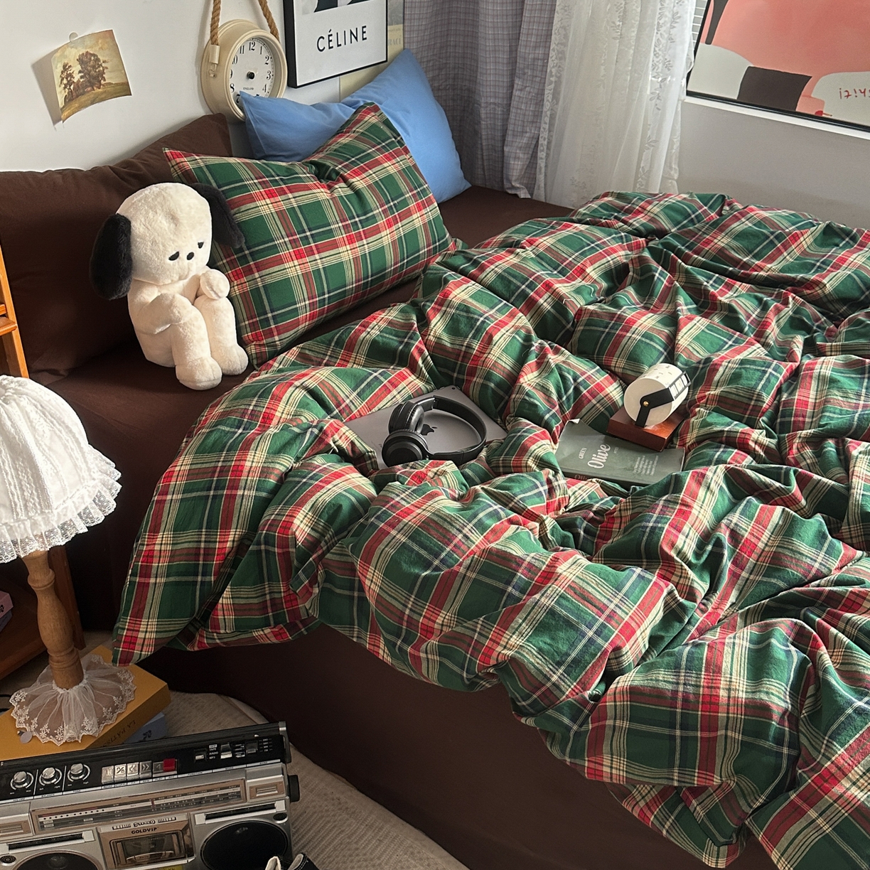 91家纺网 家纺一手货源 找家纺 对白 2025新款32s全棉色织水洗棉四件套-苏格兰海岛-咖 苏格兰海岛-咖-枕套格子+鸢尾蓝