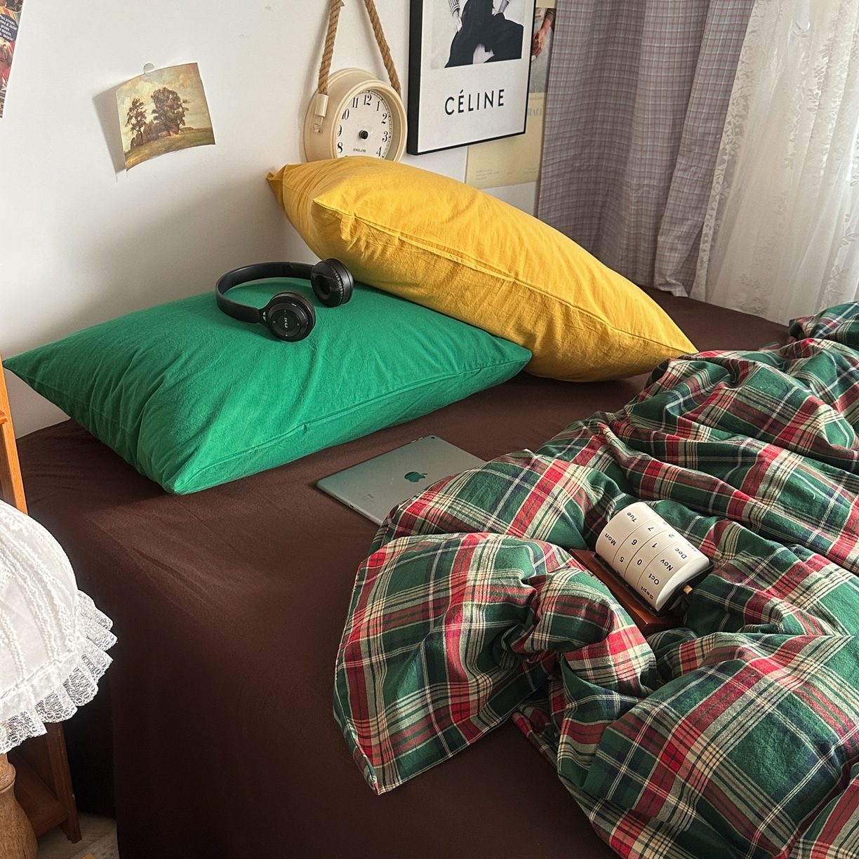 91家纺网 家纺一手货源 找家纺 对白 2025新款32s全棉色织水洗棉四件套-苏格兰海岛-咖 苏格兰海岛-咖-枕套格子+鸢尾蓝