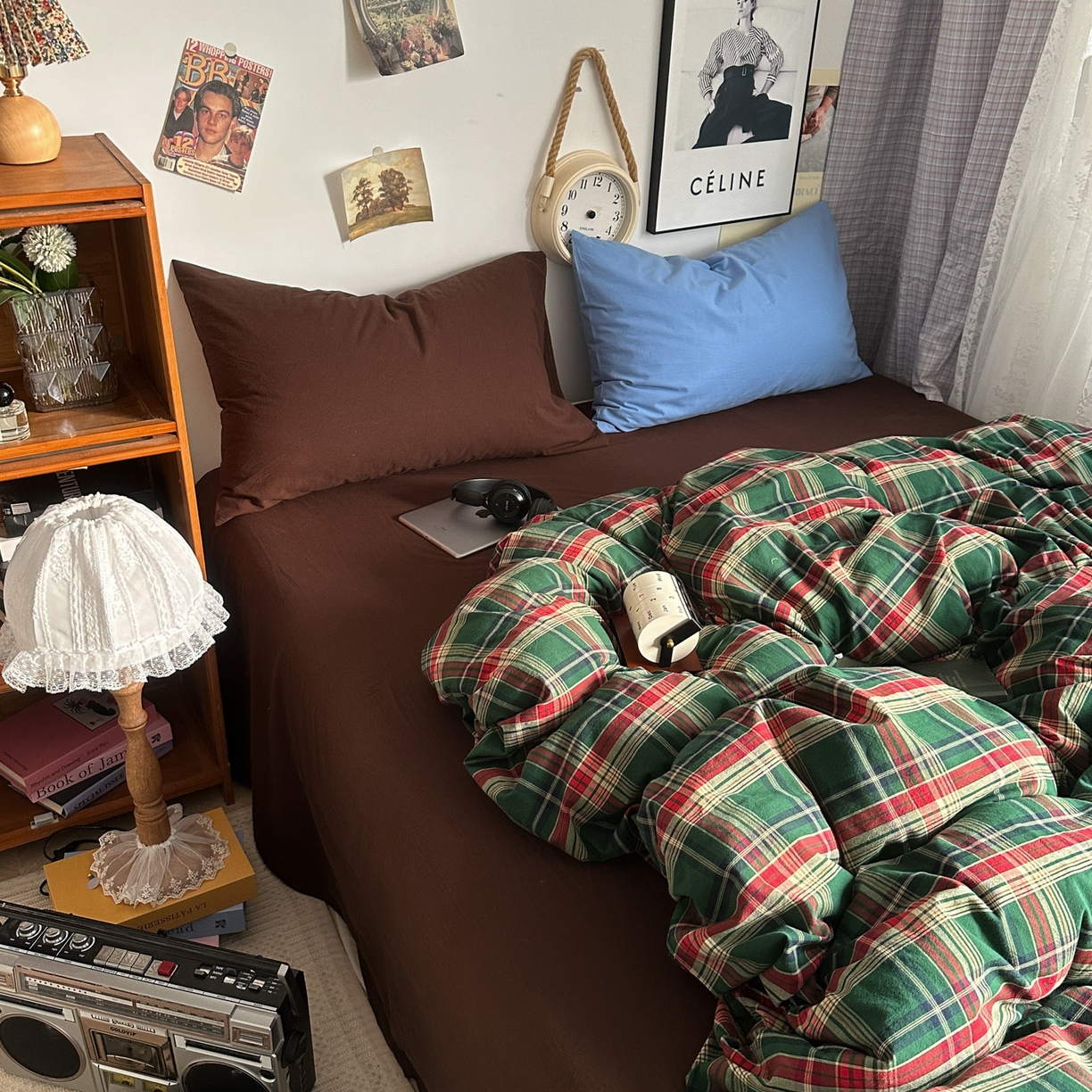 91家纺网 家纺一手货源 找家纺 对白 2025新款32s全棉色织水洗棉四件套-苏格兰海岛-咖 苏格兰海岛-咖-枕套格子+鸢尾蓝