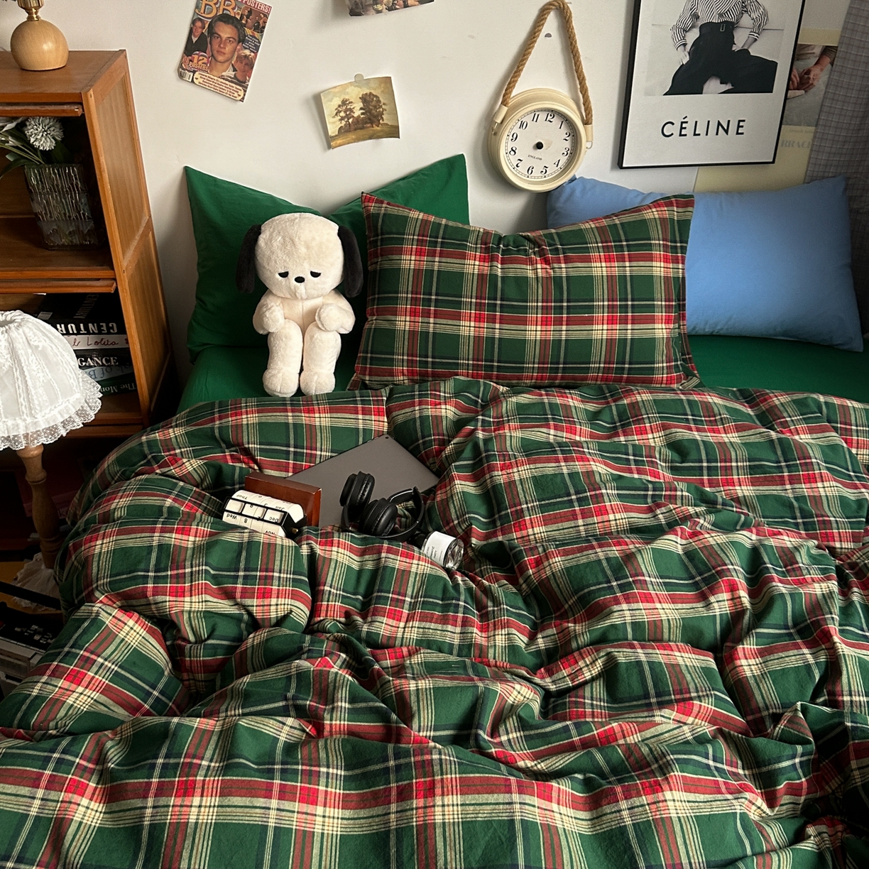 91家纺网 家纺一手货源 找家纺 对白 2025新款32s全棉色织水洗棉四件套-苏格兰海岛-绿 苏格兰海岛-绿-枕套格子+鸢尾蓝