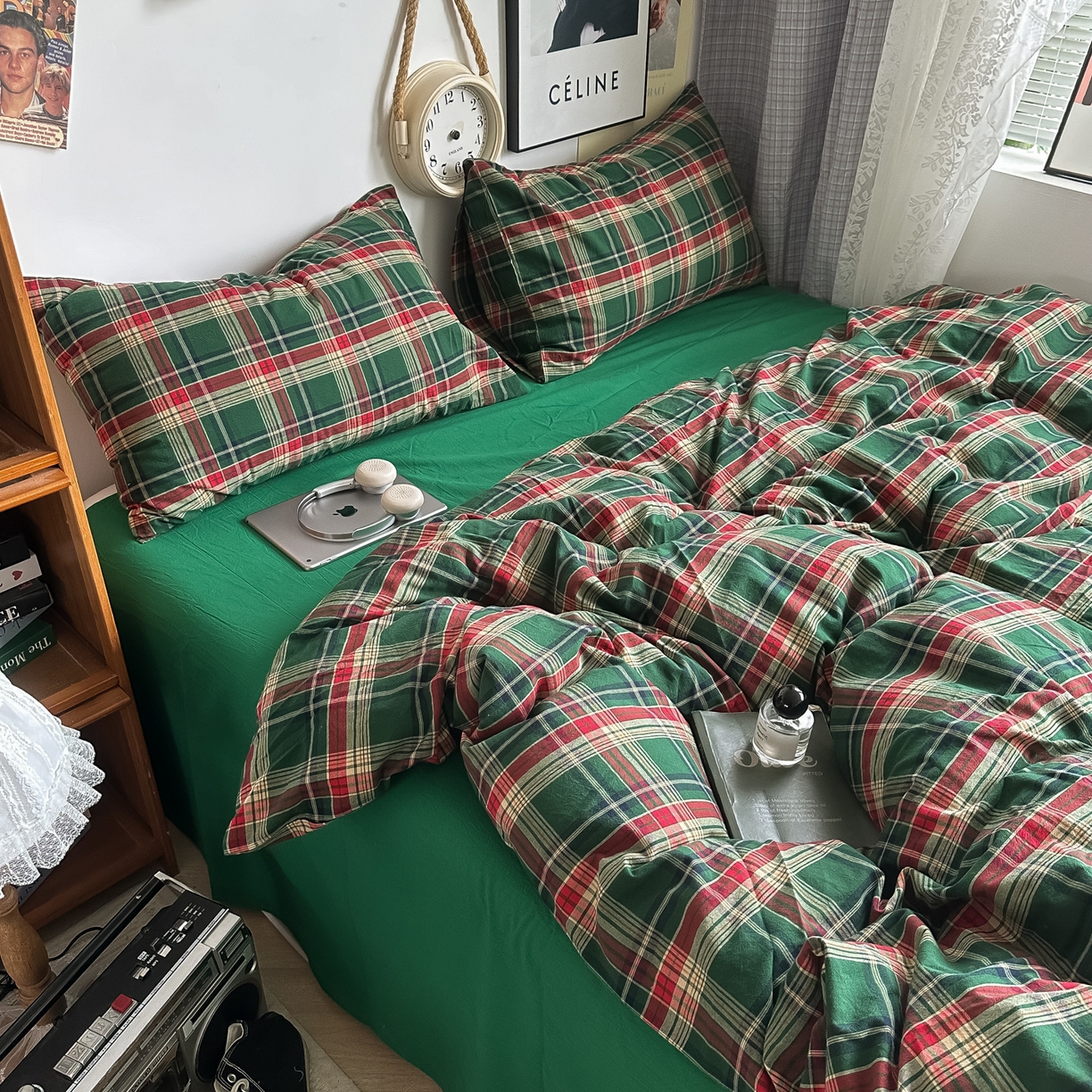 91家纺网 家纺一手货源 找家纺 （总）对白 2025新款32s全棉色织水洗棉四件套-苏格兰海岛-绿【提供买家秀】