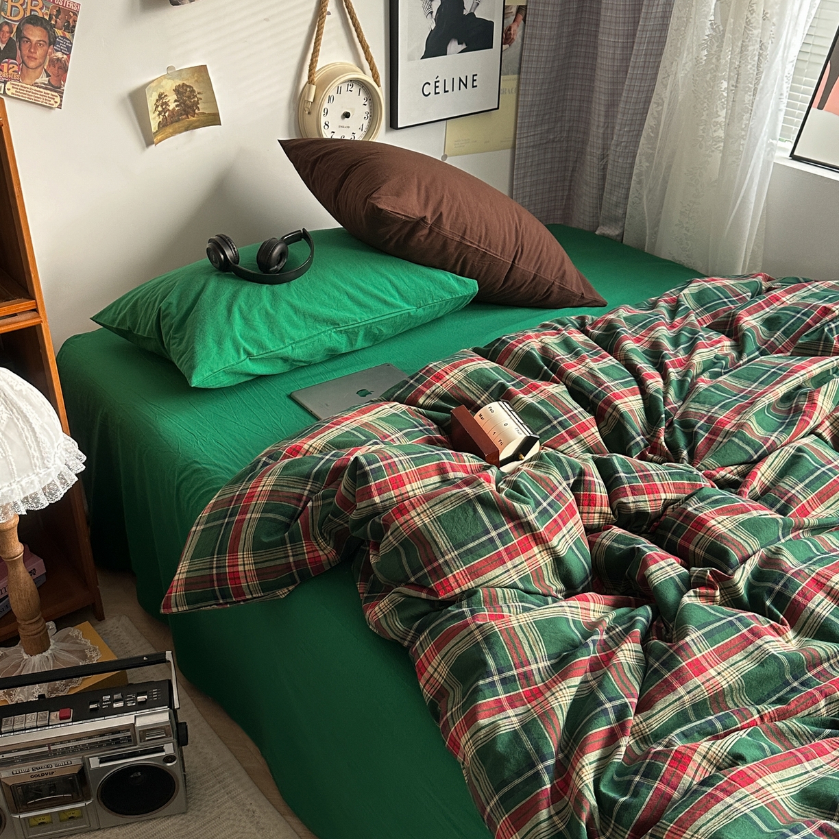 91家纺网 家纺一手货源 找家纺 对白 2025新款32s全棉色织水洗棉四件套-苏格兰海岛-绿 苏格兰海岛-绿-枕套格子