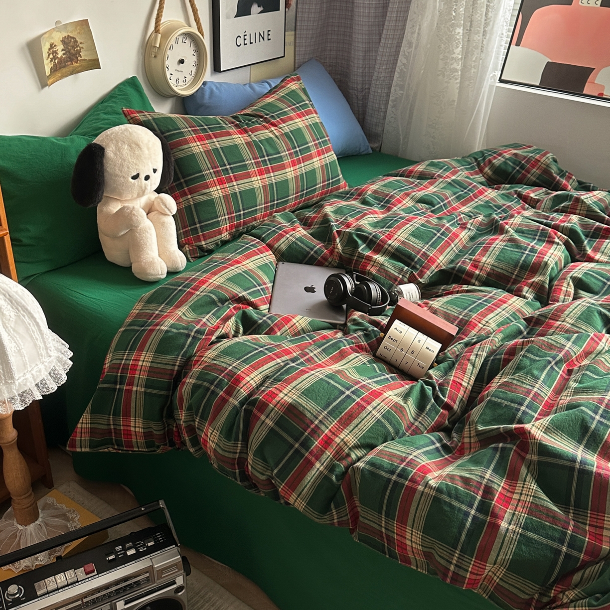 91家纺网 家纺一手货源 找家纺 对白 2025新款32s全棉色织水洗棉四件套-苏格兰海岛-绿 苏格兰海岛-绿-枕套格子