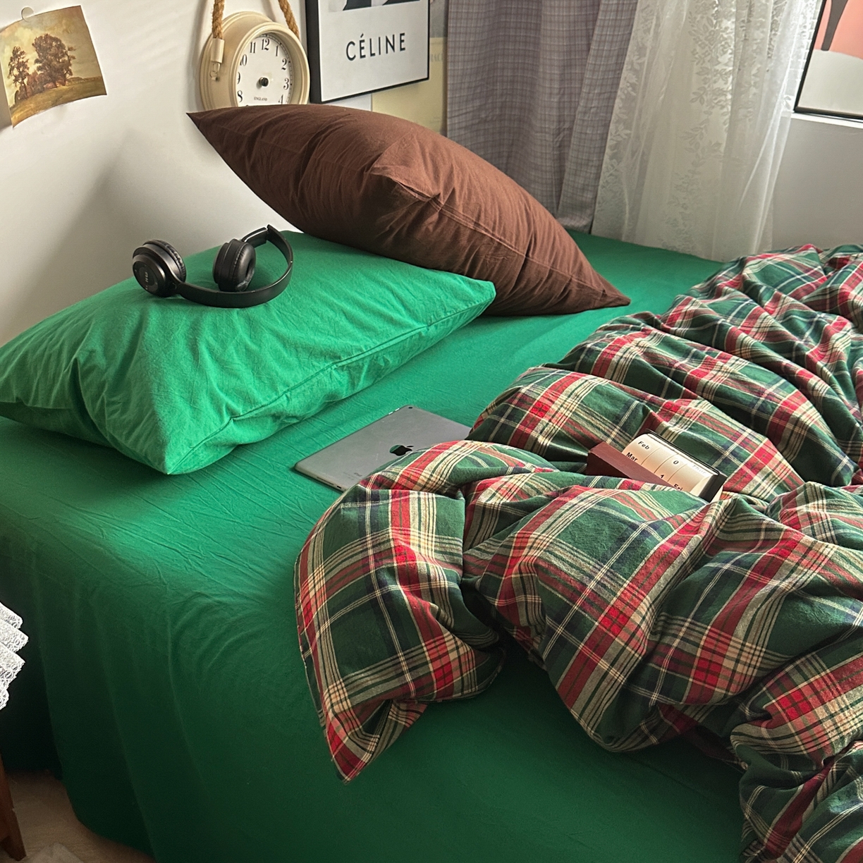 91家纺网 家纺一手货源 找家纺 对白 2025新款32s全棉色织水洗棉四件套-苏格兰海岛-绿 苏格兰海岛-绿-枕套格子+海王绿