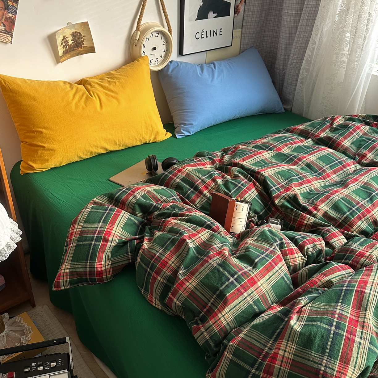 91家纺网 家纺一手货源 找家纺 对白 2025新款32s全棉色织水洗棉四件套-苏格兰海岛-绿 苏格兰海岛-绿-枕套格子
