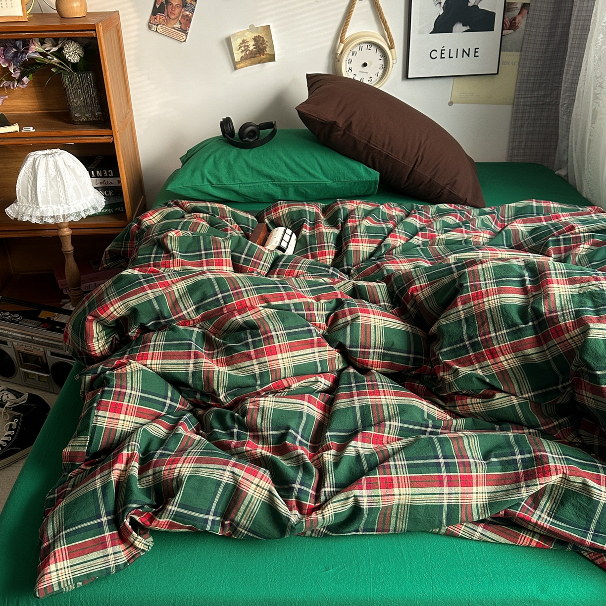 91家纺网 家纺一手货源 找家纺 对白 2025新款32s全棉色织水洗棉四件套-苏格兰海岛-绿 苏格兰海岛-绿-枕套格子