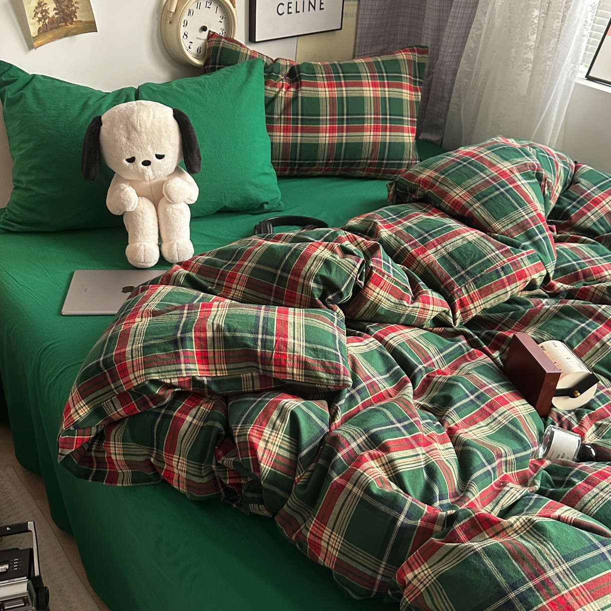 91家纺网 家纺一手货源 找家纺 对白 2025新款32s全棉色织水洗棉四件套-苏格兰海岛-绿 苏格兰海岛-绿-枕套格子+海王绿