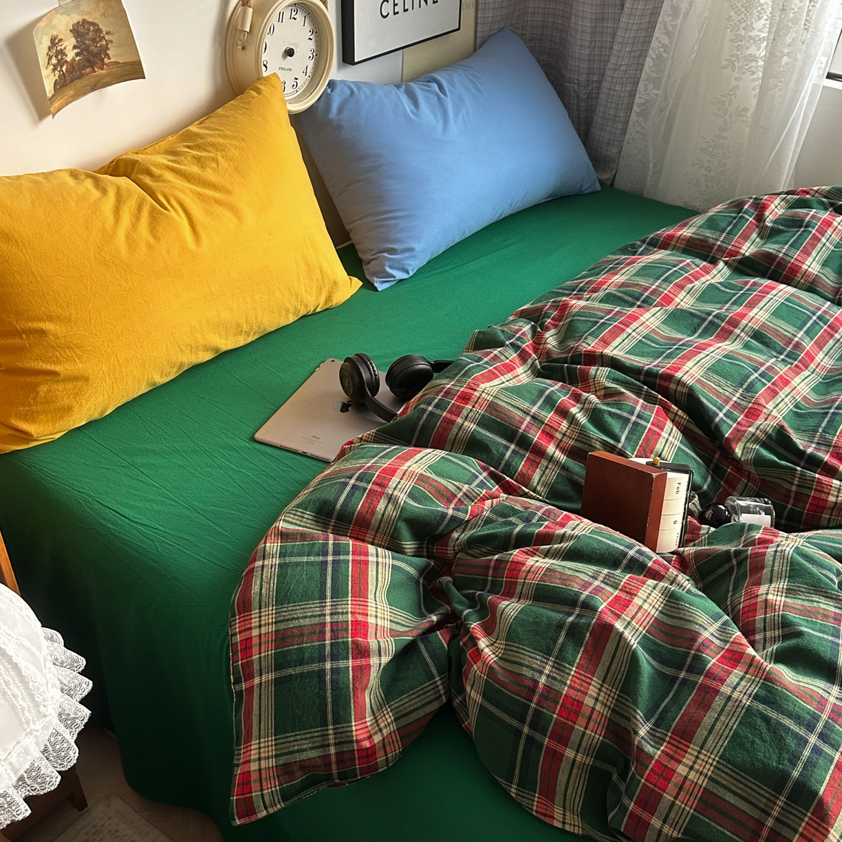 91家纺网 家纺一手货源 找家纺 对白 2025新款32s全棉色织水洗棉四件套-苏格兰海岛-绿 苏格兰海岛-绿-枕套格子+海王绿