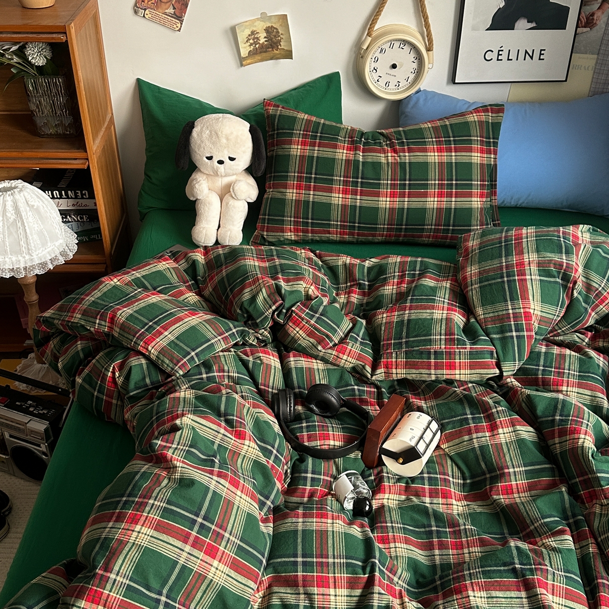 91家纺网 家纺一手货源 找家纺 对白 2025新款32s全棉色织水洗棉四件套-苏格兰海岛-绿 苏格兰海岛-绿-枕套格子+鸢尾蓝