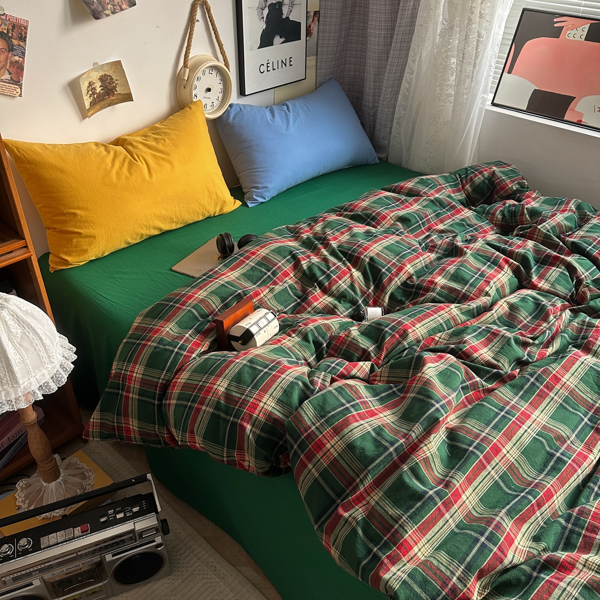 91家纺网 家纺一手货源 找家纺 对白 2025新款32s全棉色织水洗棉四件套-苏格兰海岛-绿 苏格兰海岛-绿-枕套格子+鸢尾蓝