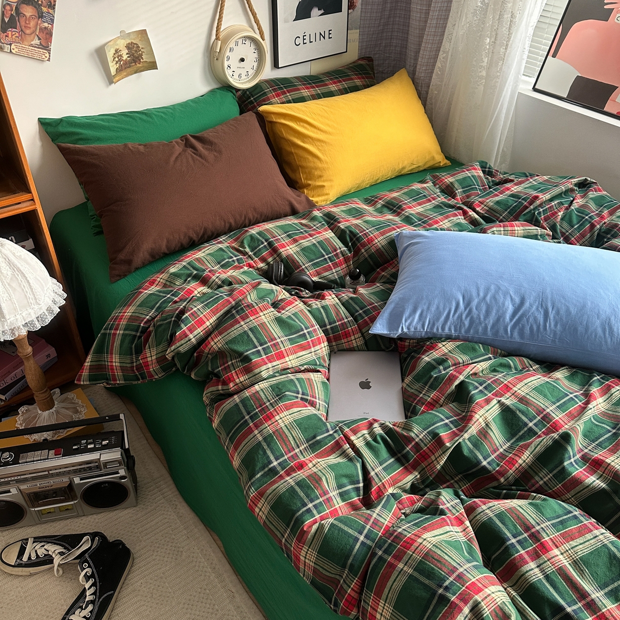 91家纺网 家纺一手货源 找家纺 对白 2025新款32s全棉色织水洗棉四件套-苏格兰海岛-绿 苏格兰海岛-绿-枕套格子+鸢尾蓝