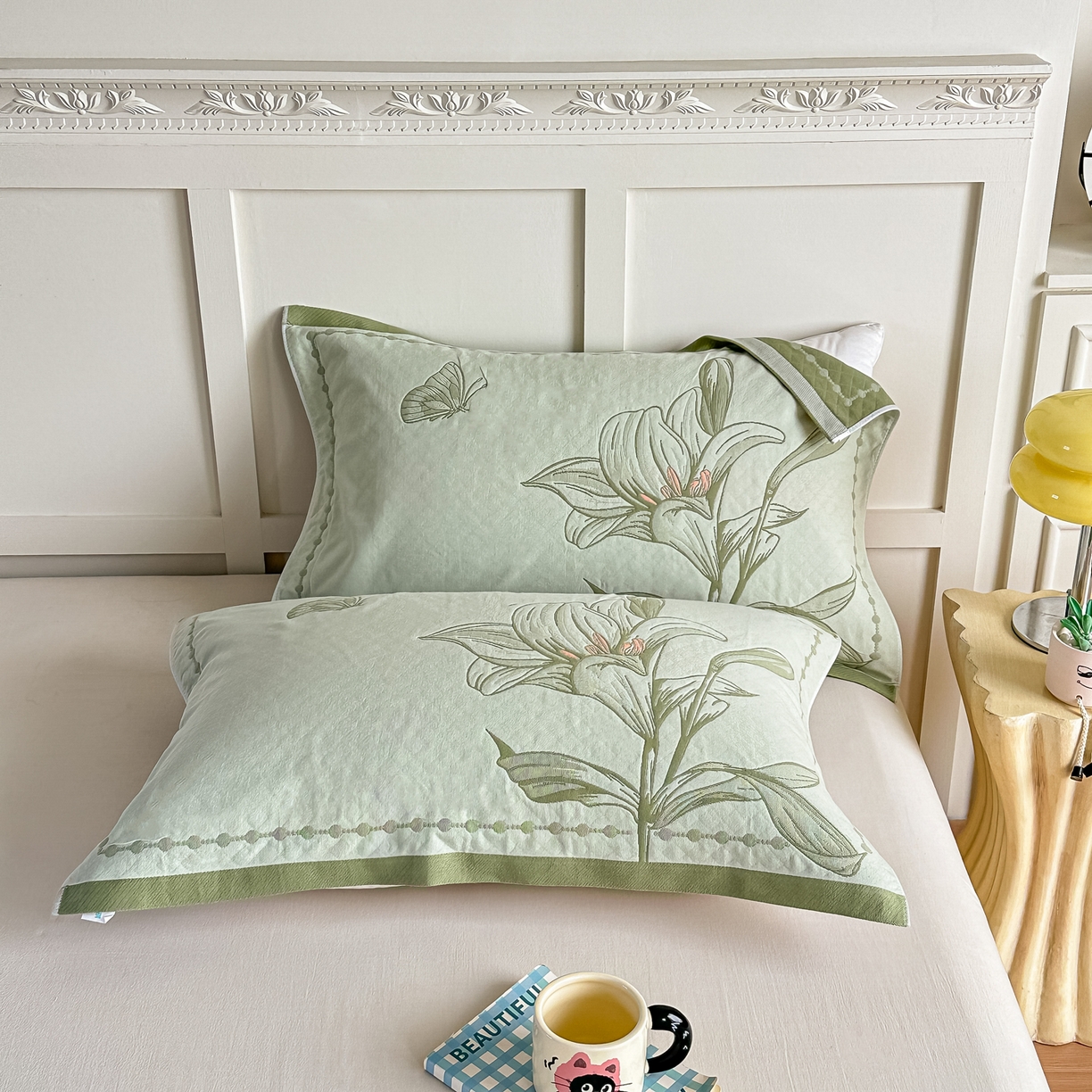 91家纺网 家纺一手货源 找家纺 沐瑟家纺 2025新款馨梦枕巾 百合-绿 52x75cm枕巾一对