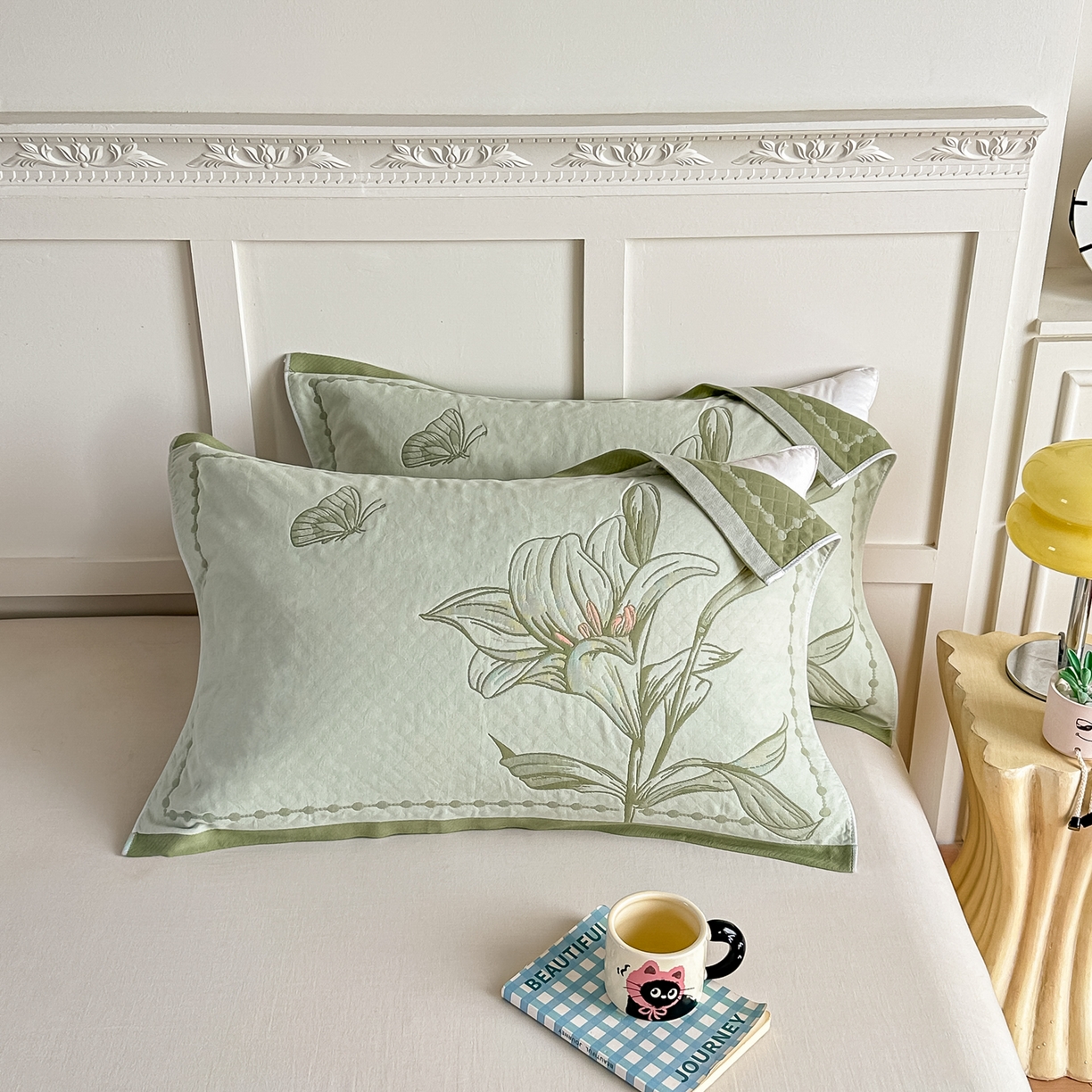 91家纺网 家纺一手货源 找家纺 沐瑟家纺 2025新款馨梦枕巾 百合-绿 52x75cm枕巾一对