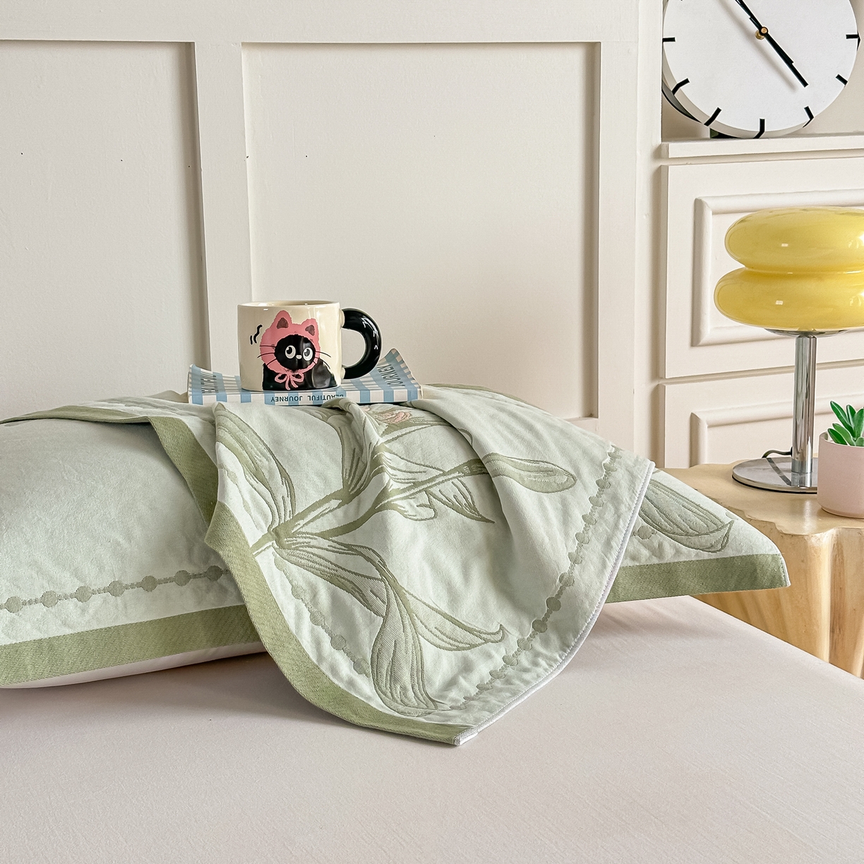 91家纺网 家纺一手货源 找家纺 沐瑟家纺 2025新款馨梦枕巾 百合-绿 52x75cm枕巾一对