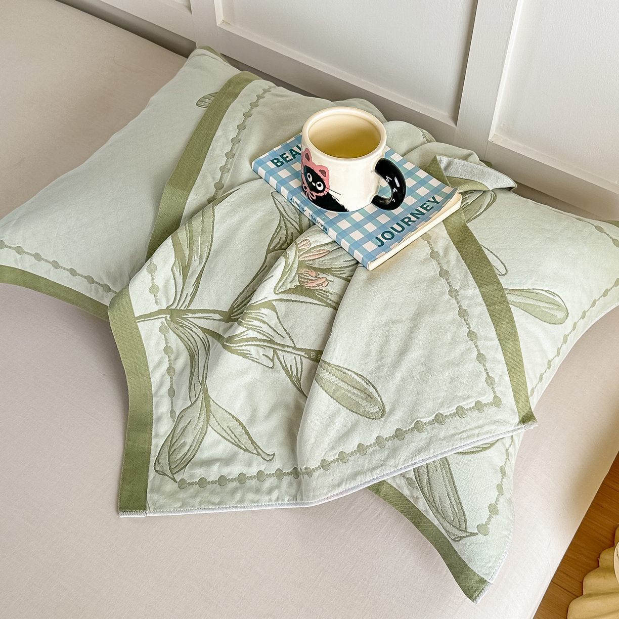 91家纺网 家纺一手货源 找家纺 沐瑟家纺 2025新款馨梦枕巾 百合-绿 52x75cm枕巾一对