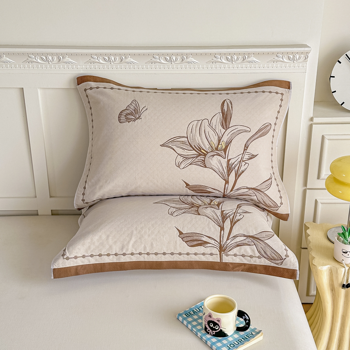 沐瑟家纺 2025新款馨梦枕巾 百合-棕 52x75cm枕巾一对