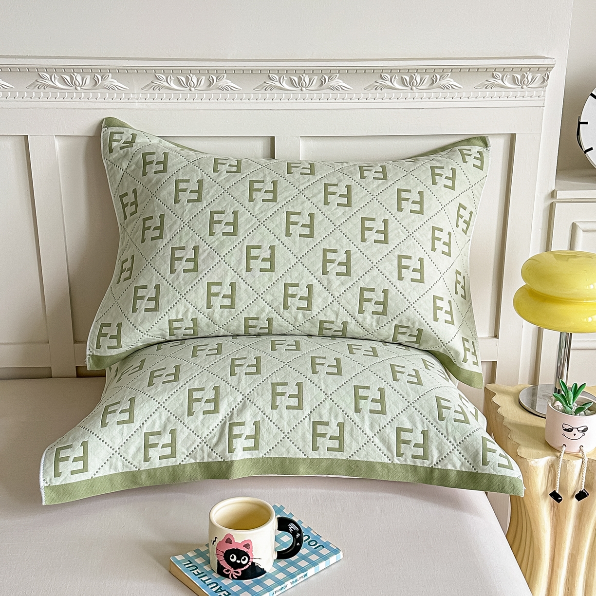 沐瑟家纺 2025新款馨梦枕巾 点点字母-绿 52x75cm枕巾一对
