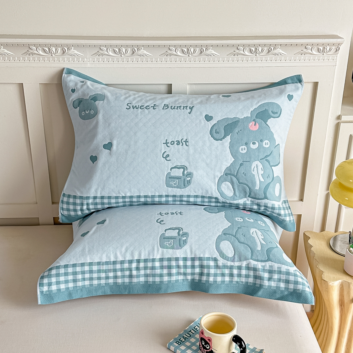 沐瑟家纺 2025新款馨梦枕巾 乖小兔-湖蓝 52x75cm枕巾一对