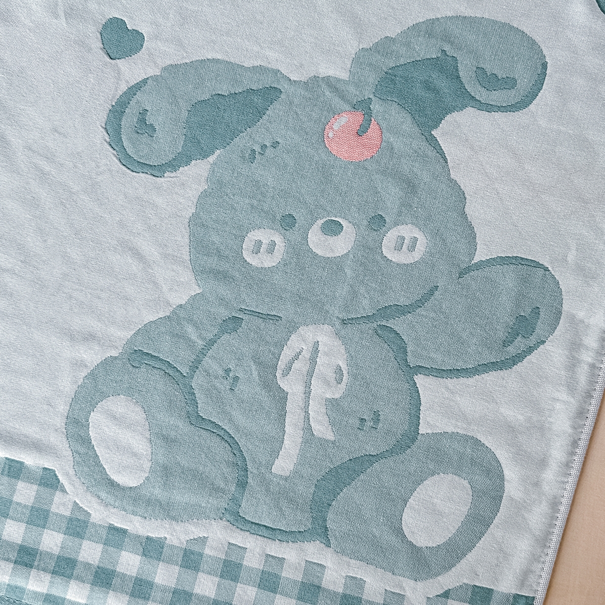 91家纺网 家纺一手货源 找家纺 沐瑟家纺 2025新款馨梦枕巾 乖小兔-湖蓝 52x75cm枕巾一对