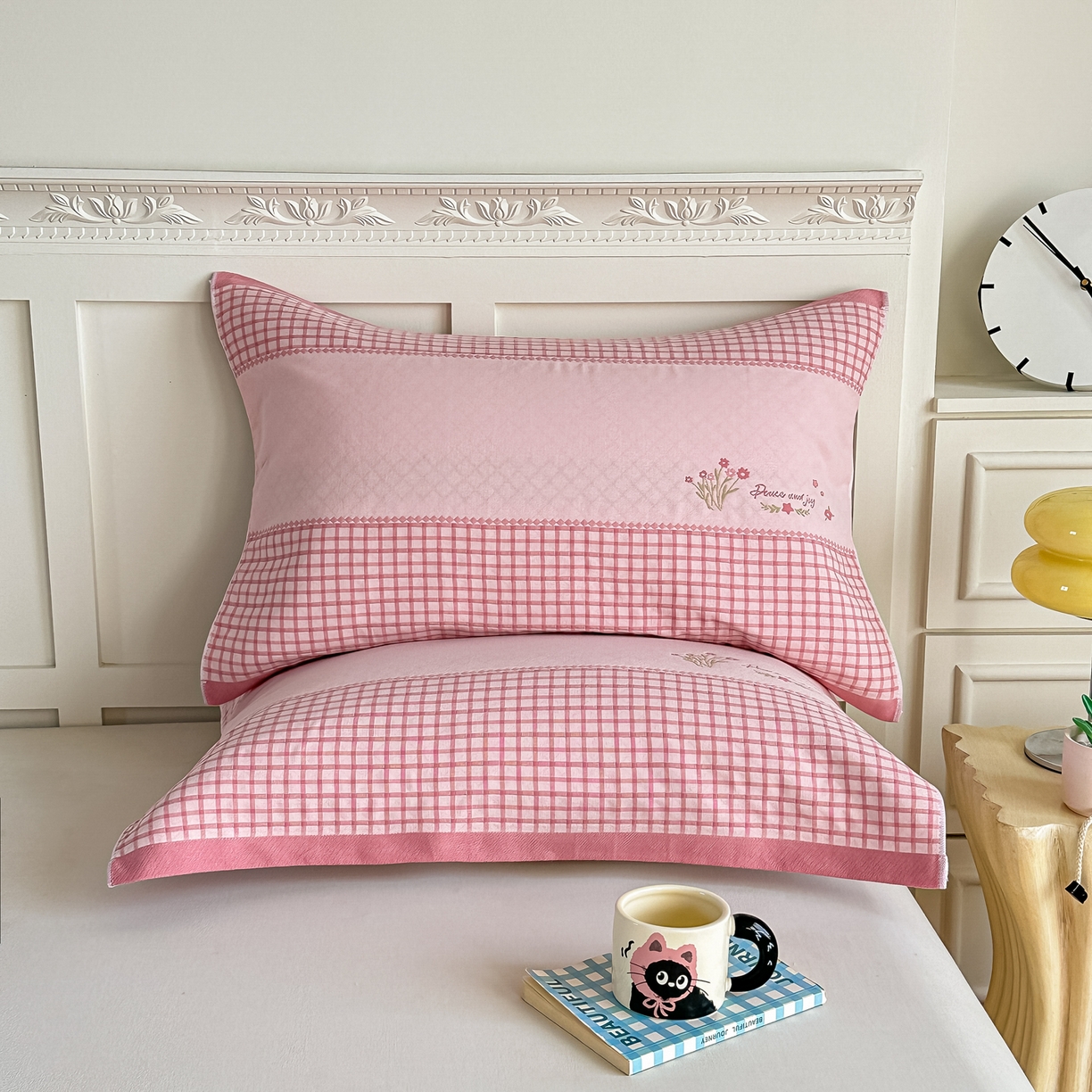 沐瑟家纺 2025新款馨梦枕巾 花格-粉 52x75cm枕巾一对