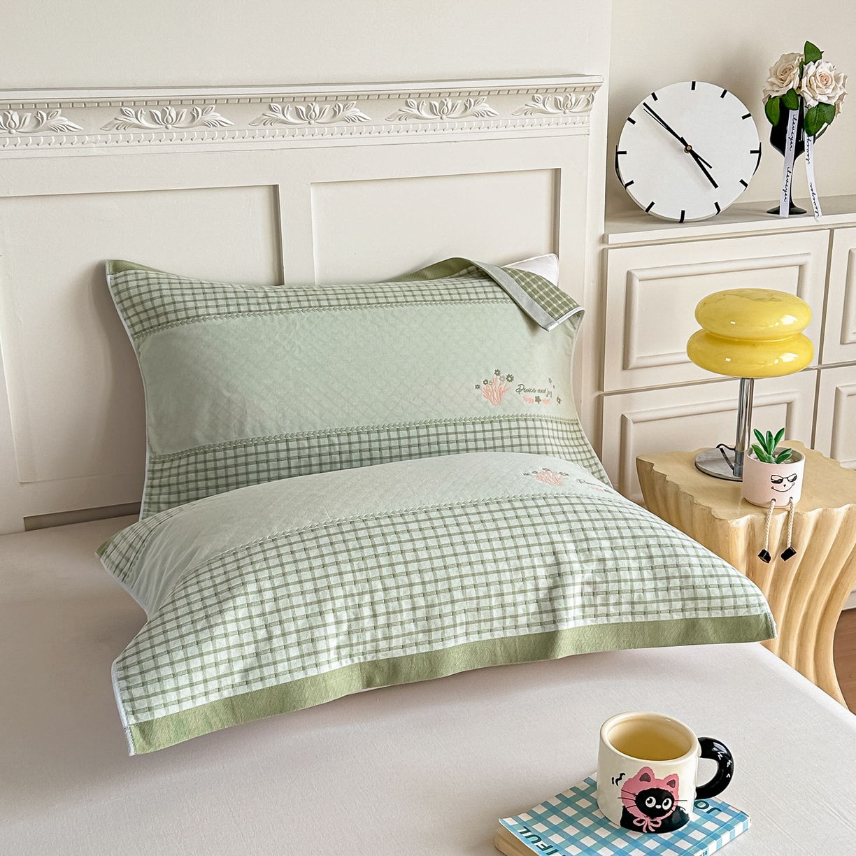 91家纺网 家纺一手货源 找家纺 沐瑟家纺 2025新款馨梦枕巾 花格-绿 52x75cm枕巾一对