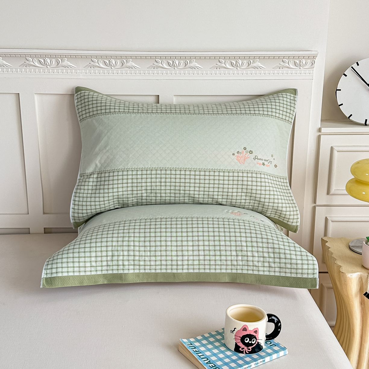 沐瑟家纺 2025新款馨梦枕巾 花格-绿 52x75cm枕巾一对