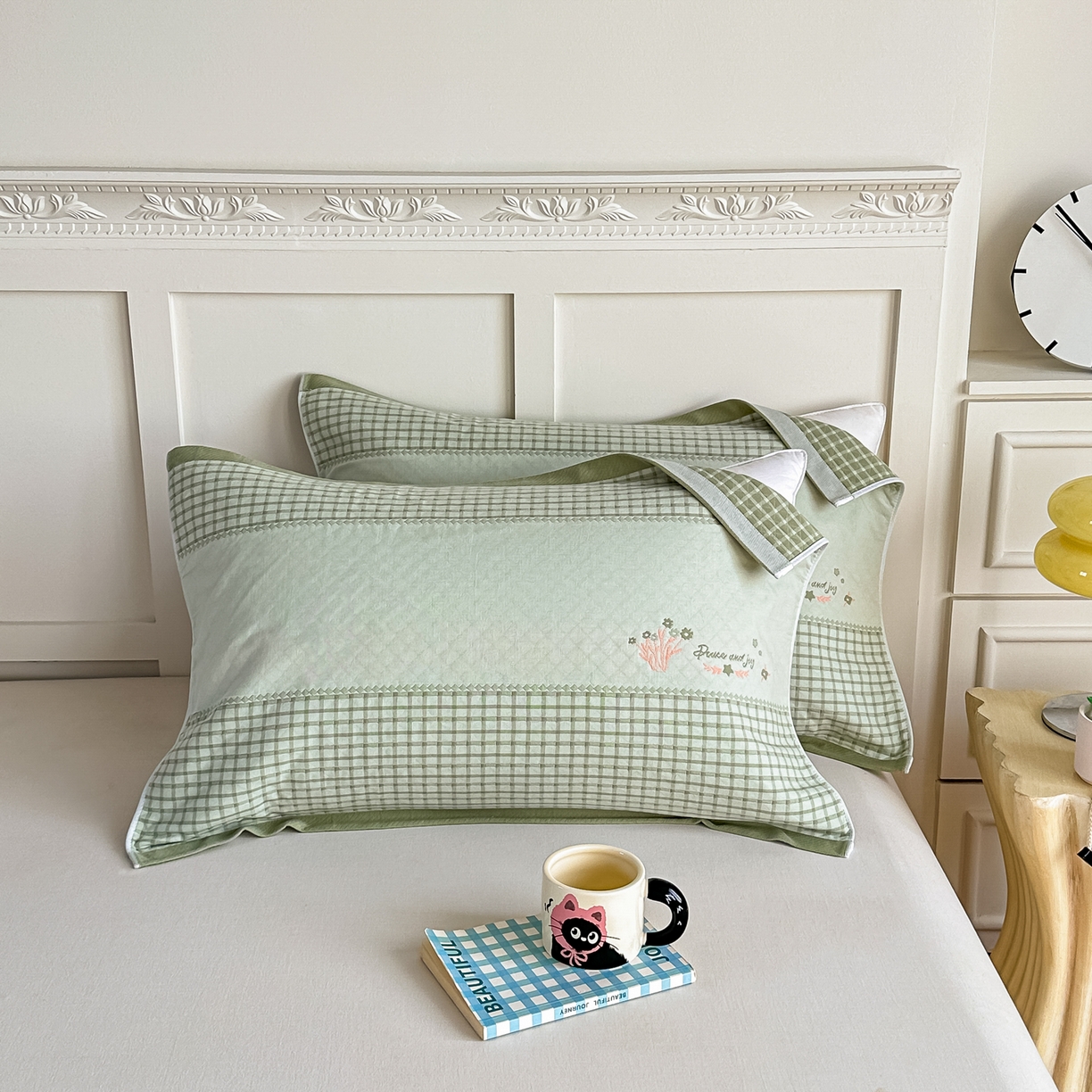 91家纺网 家纺一手货源 找家纺 沐瑟家纺 2025新款馨梦枕巾 花格-绿 52x75cm枕巾一对