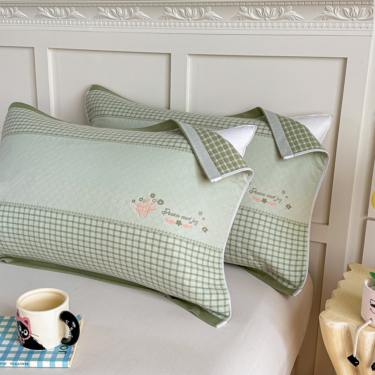 91家纺网 家纺一手货源 找家纺 沐瑟家纺 2025新款馨梦枕巾 花格-绿 52x75cm枕巾一对