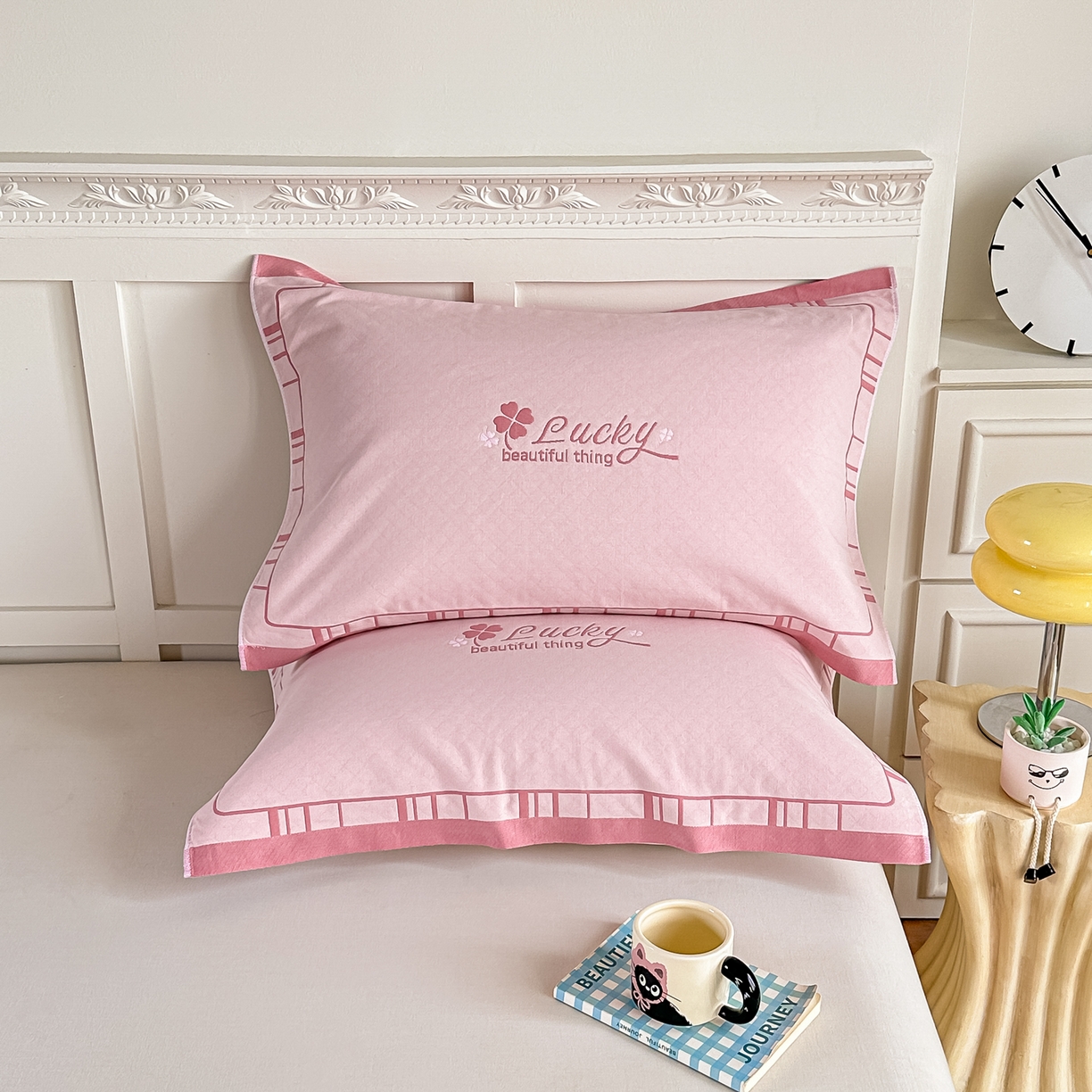 沐瑟家纺 2025新款馨梦枕巾 四叶草-粉 52x75cm枕巾一对