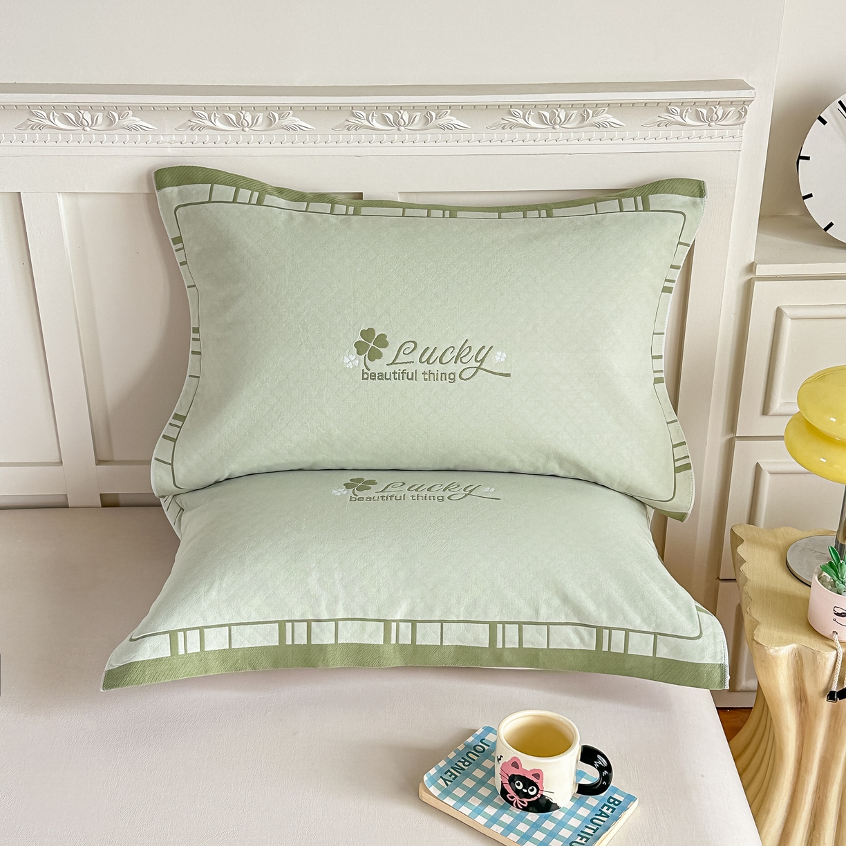 沐瑟家纺 2025新款馨梦枕巾 四叶草-绿 52x75cm枕巾一对