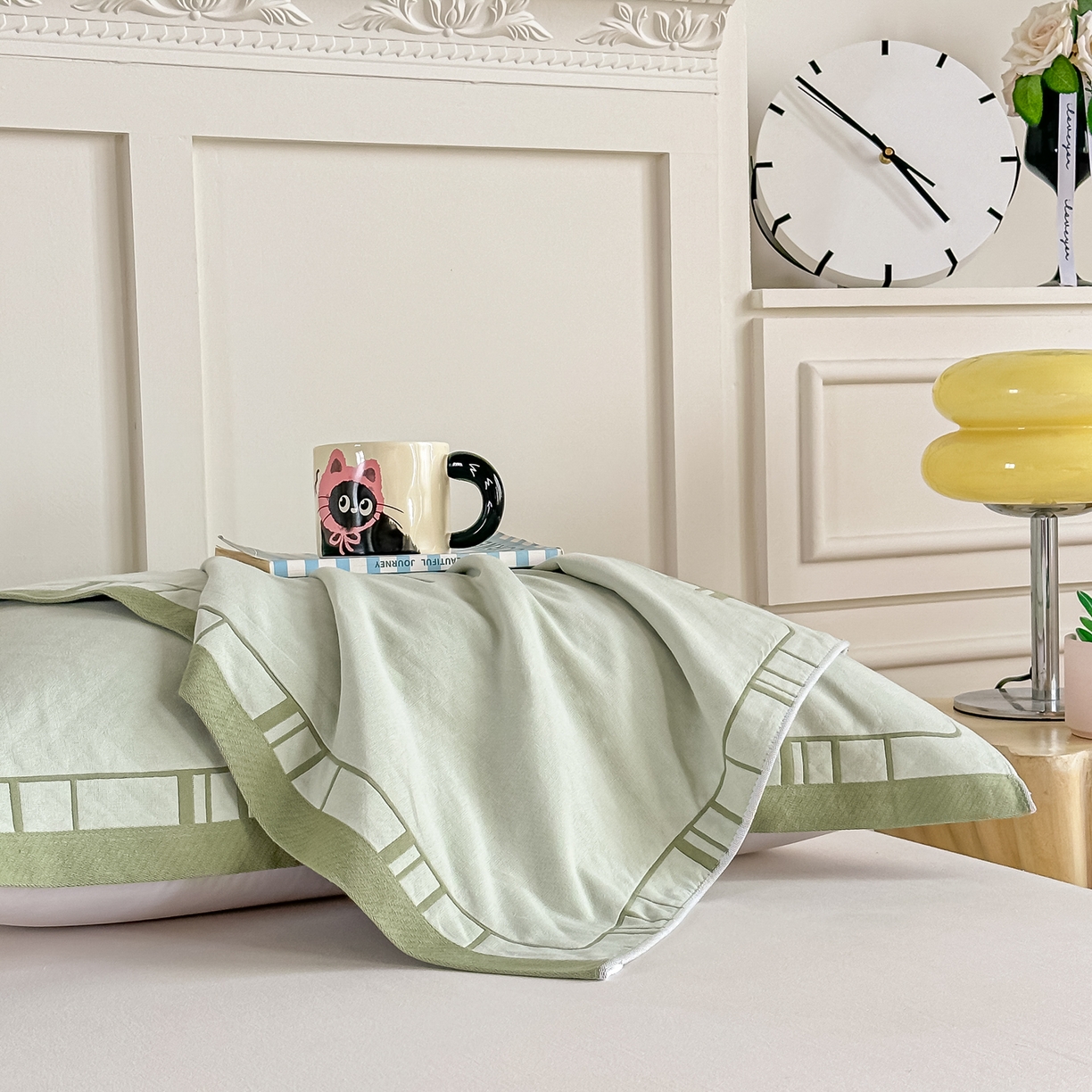 91家纺网 家纺一手货源 找家纺 沐瑟家纺 2025新款馨梦枕巾 四叶草-绿 52x75cm枕巾一对