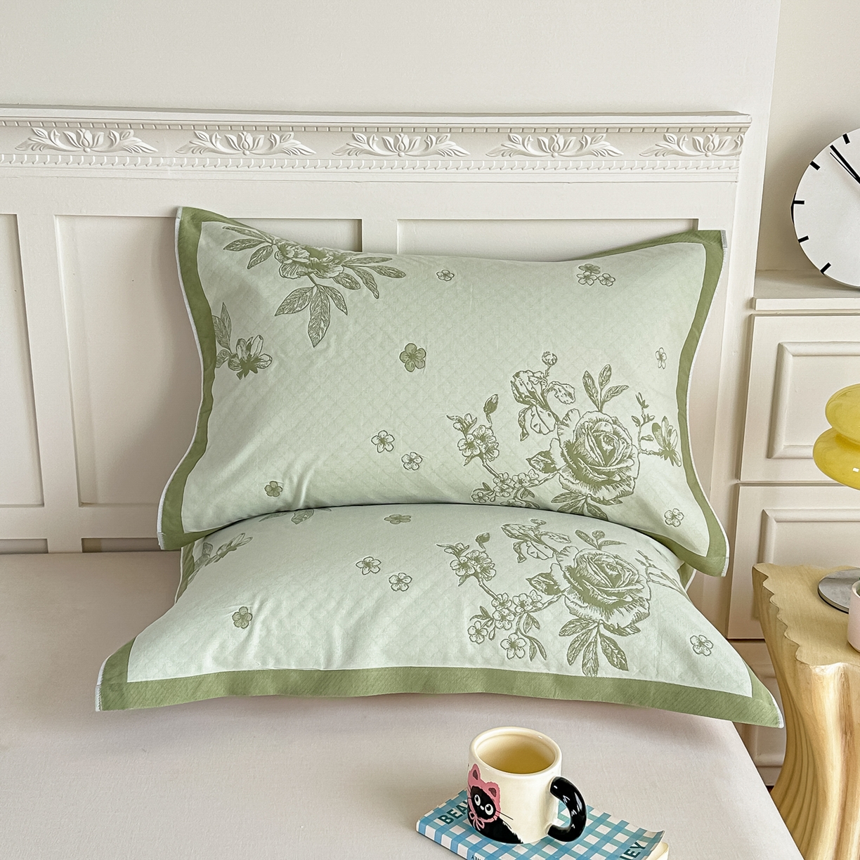 沐瑟家纺 2025新款馨梦枕巾 线条花-绿 52x75cm枕巾一对