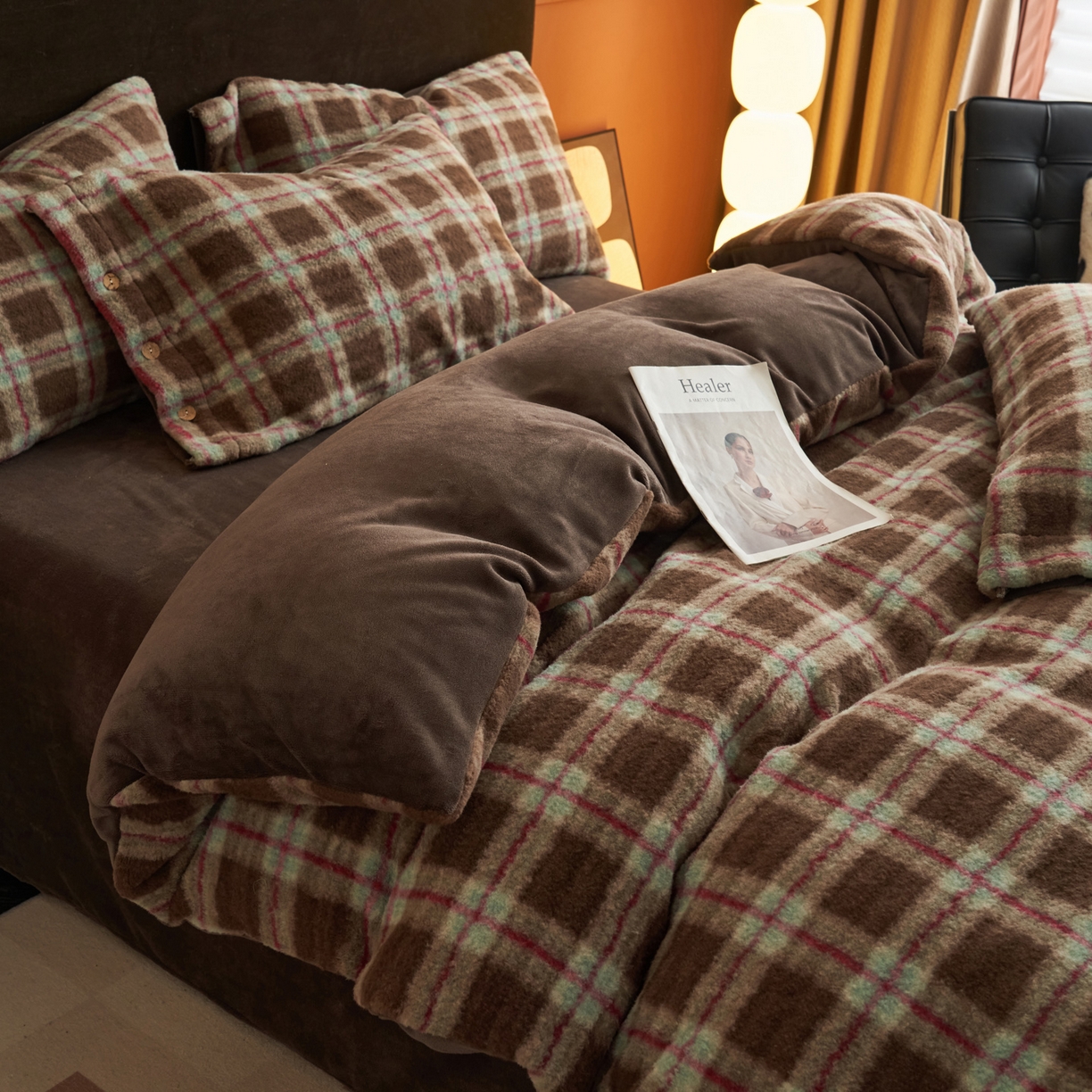 早晨家纺 2025新款230g羊驼绒复古格牛奶绒四件套 慕池格