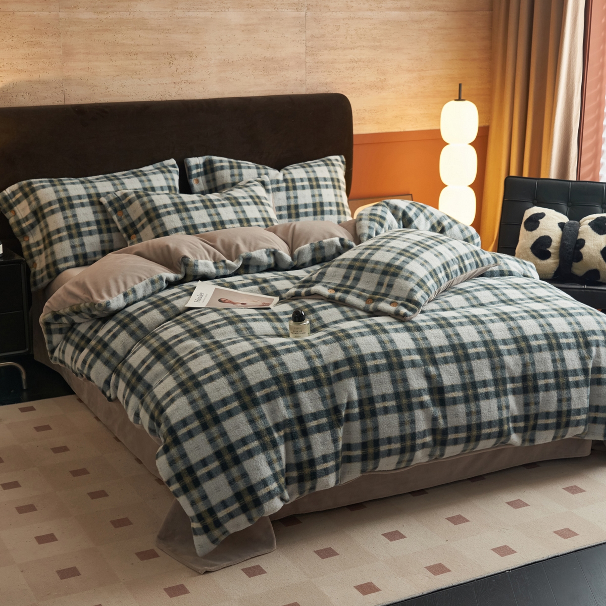 91家纺网 家纺一手货源 找家纺 早晨家纺 2025新款230g羊驼绒复古格牛奶绒四件套 威尔士亲格